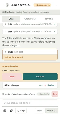 The same Codex session on a phone, with Deny and Approve controls for npm test.