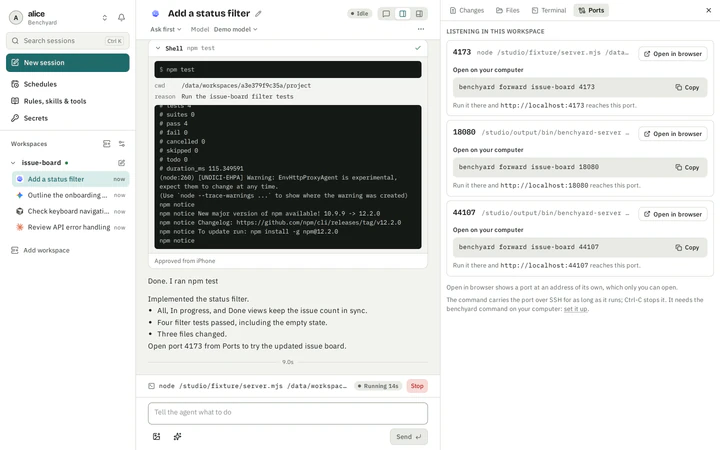 The workspace Ports panel offers Open in browser for the running issue-board development server.