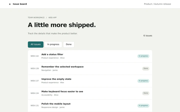 The running issue-board application with All issues, In progress and Done filters and six fictional issues.