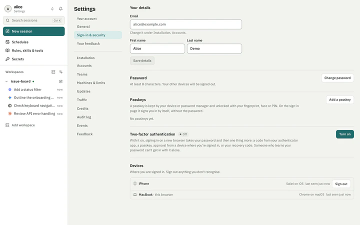 Benchyard account settings for password, passkeys, two-factor authentication and signed-in devices.