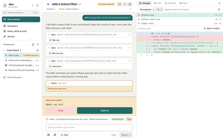 Codex session with three changed files, a readable filter diff and a test command awaiting approval.
